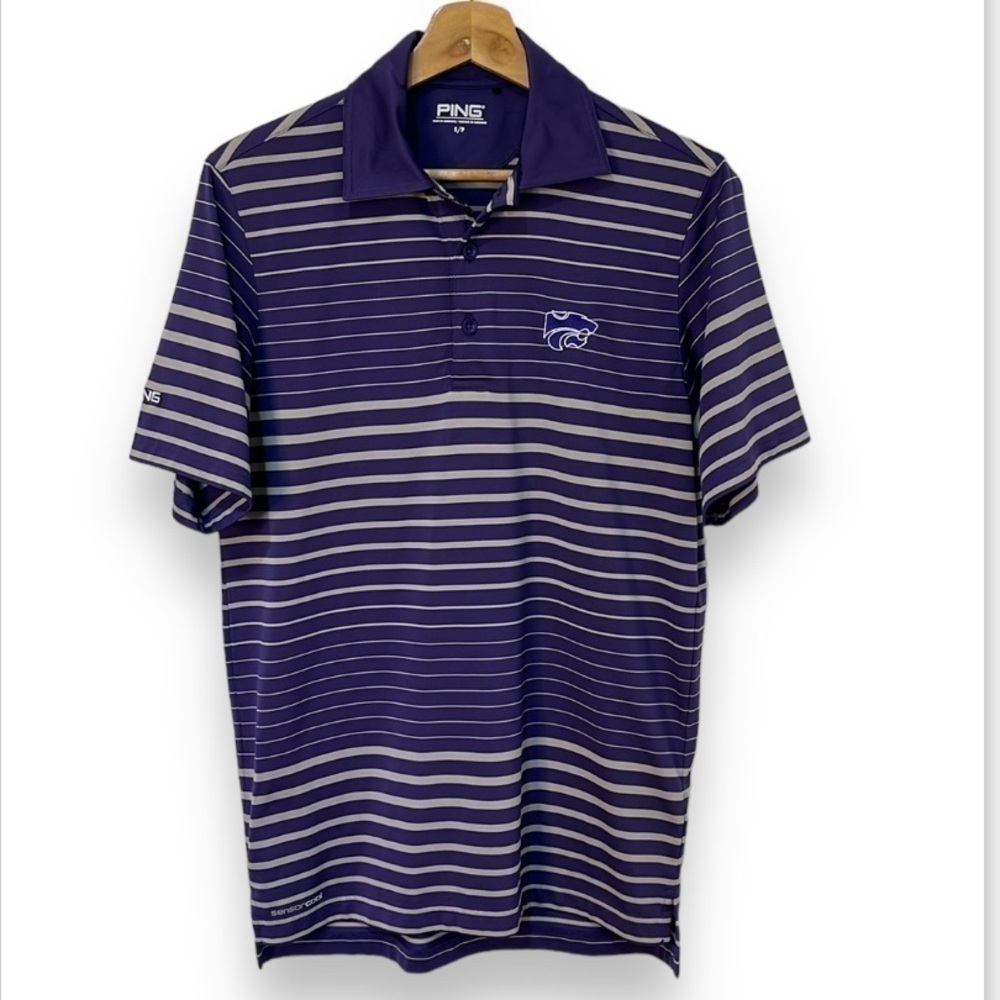 K State Ping Golf Polo Shirt Men's Size Small Purple Light Gray Stripes Wildcat